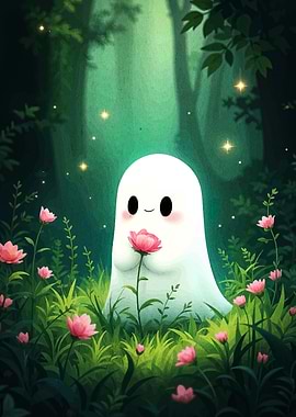 Cute Ghost with Flower in Forest