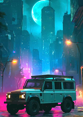 Cyberpunk Cityscape with Land Rover Defender