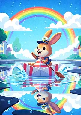 Rabbit sailing paper boat rain