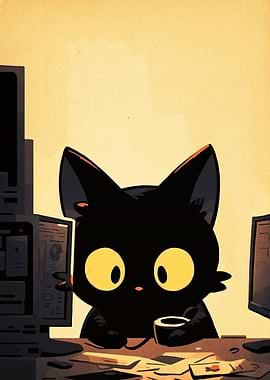 Cartoon Black Cat at Computer Desk