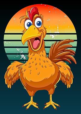 Cartoon Chicken with Retro Sunset Background