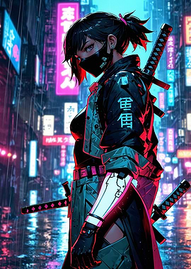 Cyberpunk Ninja in Rainy Cityscape