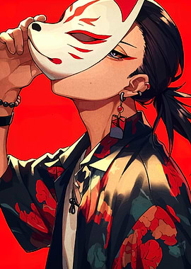 Man with Kitsune Mask Digital Art