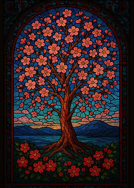 Stained Glass Cherry Blossom Tree