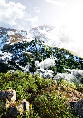 Snowy Mountain Landscape with Greenery