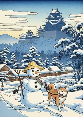 Snowman Shiba Inu Winter Landscape