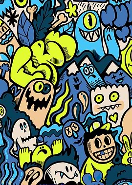 Cartoon Doodle with Monsters and Faces