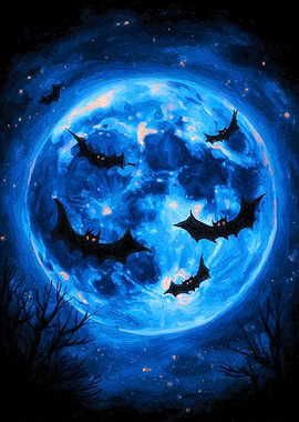 Bats Flying in Front of Blue Moon