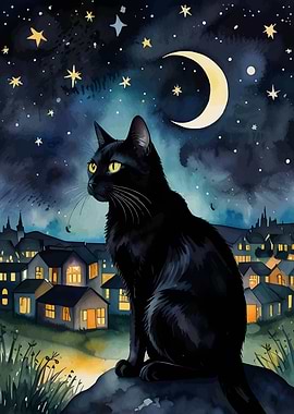 Black Cat Under Crescent Moon Painting