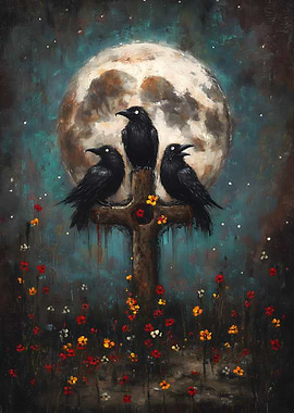 Three Ravens on Cross with Moon