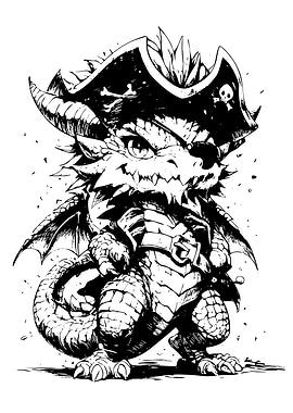 Dragon Pirate Black and White Illustration