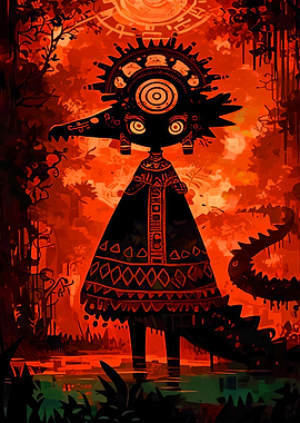 Stylized Crocodile Shaman in Red Forest