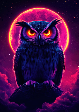Neon Owl Under Full Moon