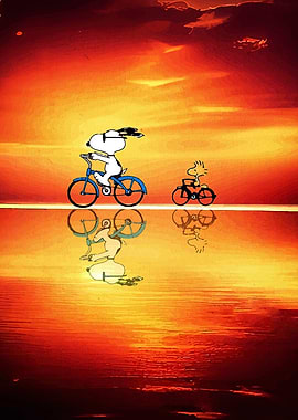 Snoopy and Woodstock Cycling at Sunset