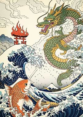 Japanese Dragon Koi Fish Waves