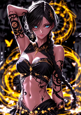 Anime Girl with Tattoos and Gold
