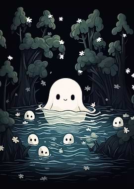 Cute Ghosts in a Forest Lake