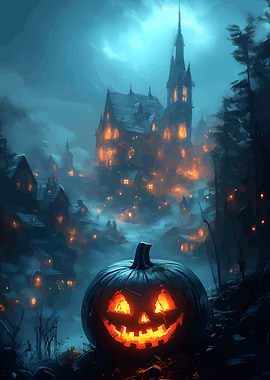Halloween Pumpkin with Spooky Castle