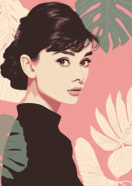 Audrey Hepburn Portrait with Tropical Leaves