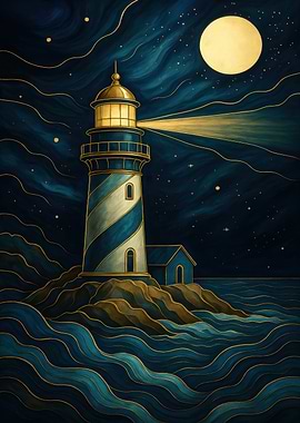 Lighthouse at Night with Full Moon