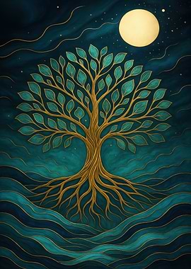 Golden Tree of Life Under Moon