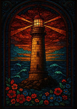 Stained Glass Lighthouse Scene
