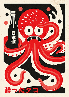 Drunk Octopus with Sake Japanese Woodblock Poster