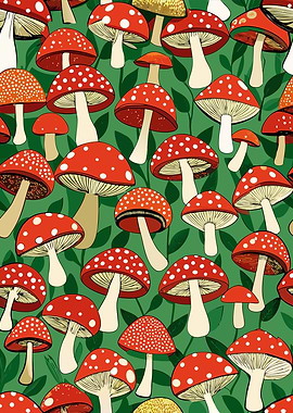 Amanita Mushroom Pattern on Green Background