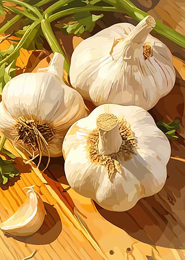 Garlic Still Life on Wooden Surface
