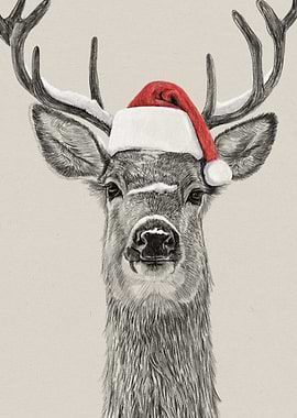 Christmas Deer Portrait with Santa Hat