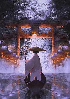 Japanese Boatman at Torii Gate