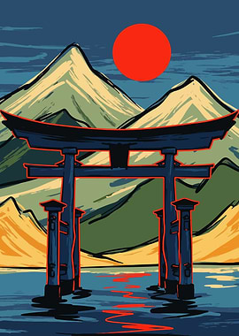Japanese Torii Gate with Mountain Backdrop