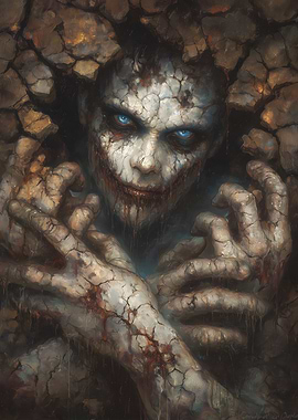 Cracked Skin Figure Emerging from Wall