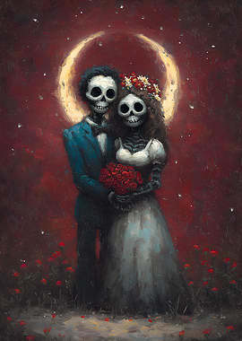 Skeletal Wedding Couple with Red Roses
