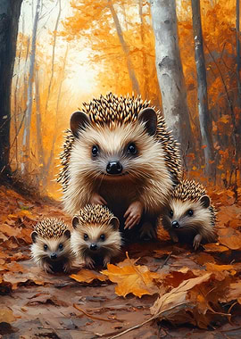 Hedgehog Family in Autumn Forest