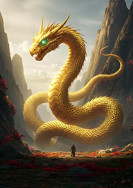 Golden Dragon in Mountainous Landscape