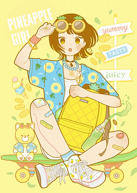 Pineapple Girl on Skateboard Illustration