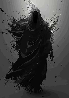 Dark hooded figure with ink splatters
