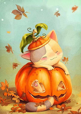 Cute Cat on Pumpkin Halloween Art