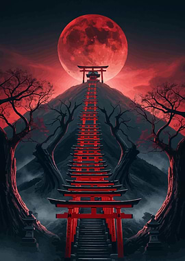 Red Torii Gates to Temple Under Moon