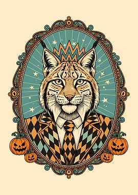 Lynx Portrait in Halloween Cabaret Cameo with Pumpkins and Starry Backdrop