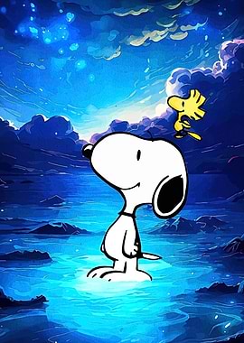 Snoopy and Woodstock in Blue Landscape
