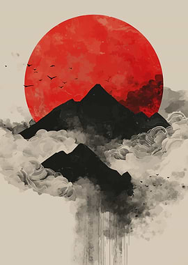 Red Sun Over Mountains and Clouds