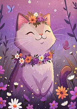 Cute Cat with Flowers Digital Art