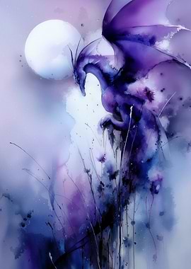 Watercolor Dragon Under Moonlight