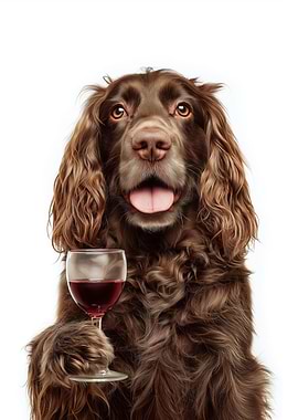 Sussex Spaniel dog with Wine Glass Portrait