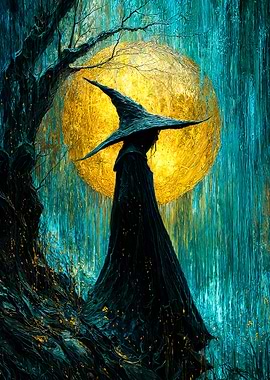 Witch in the Rain with Moon