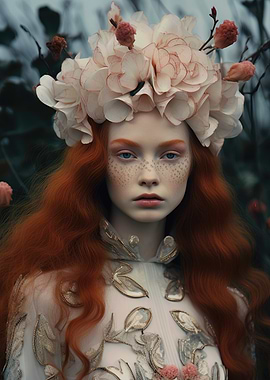 Red-haired woman with floral crown portrait