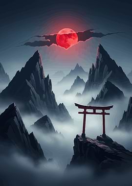 Mountain Landscape with Torii Gate and Moon