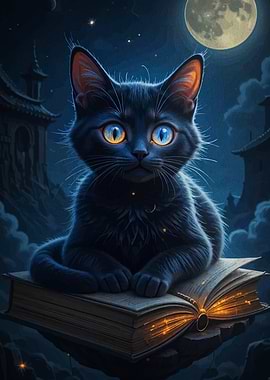 Black Cat on Book Under Moonlight